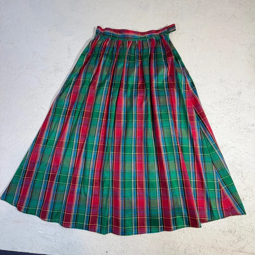 Vintage Taffeta Skirt Maxi Red Green Plaid Full‎ Length High Waisted Holiday